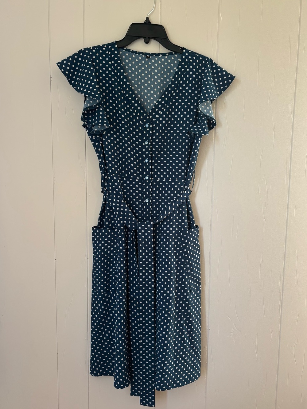 Polka Dot V-Neck Flutter Sleeve Dress - Navy